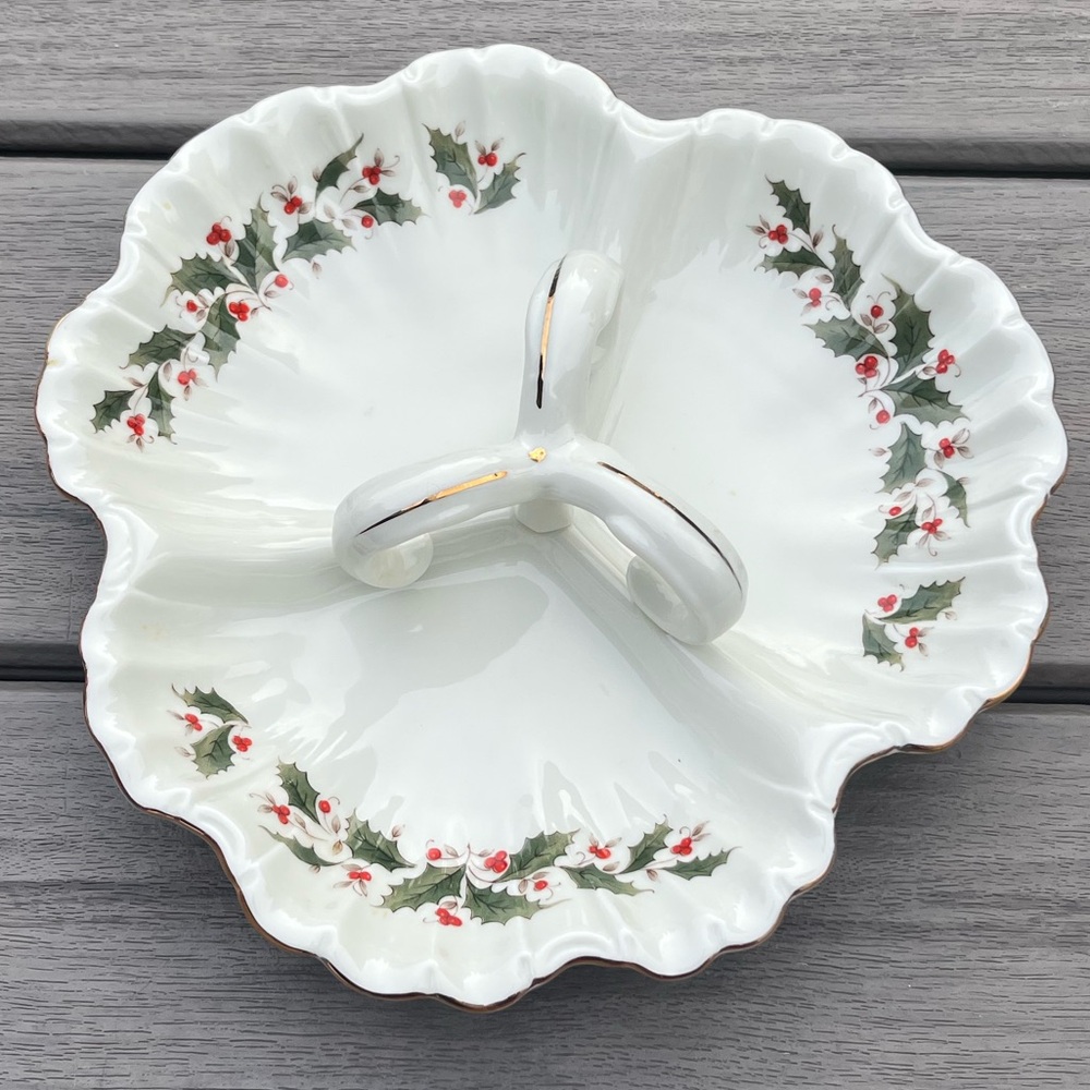 Vintage; Caldor; Porcelain Ware; 3 Section Bon Bon Dish; Holly Yuletide; In Box